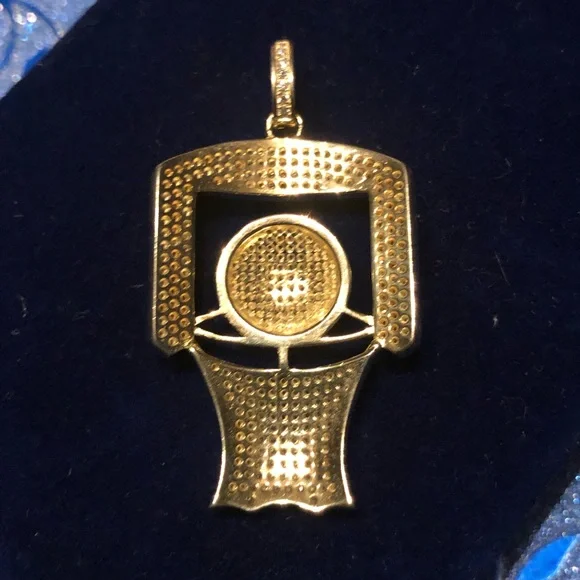 Unisex 925 Sterling Silver Topaz Encrusted Gold Plated Basketball Goal Pendant - Picture 8 of 9